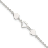 Sterling Silver Three Hearts 8 inch Plus 1 inch Extender - Total 9 inch Anklet