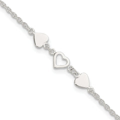 Sterling Silver Three Hearts 8 inch Plus 1 inch Extender - Total 9 inch Anklet
