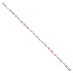 Sterling Silver Pink Glass Bead with Heart Dangle 8 inch Plus 1 inch Extender - Total 9 inch Anklet
