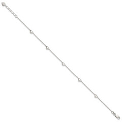 Sterling Silver Puffed Heart 5-Station 9 inch Plus 1 inch Extender - Total 10 inch Anklet