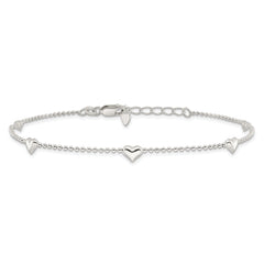 Sterling Silver Puffed Heart 5-Station 9 inch Plus 1 inch Extender - Total 10 inch Anklet