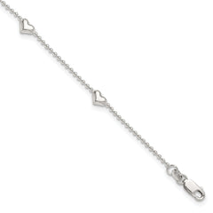 Sterling Silver Puffed Heart 5-Station 9 inch Plus 1 inch Extender - Total 10 inch Anklet