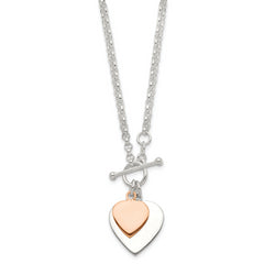 Sterling Silver With Rose gold-plat Engraveable Double Heart Toggle Necklace