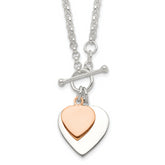 Sterling Silver With Rose gold-plat Engraveable Double Heart Toggle Necklace