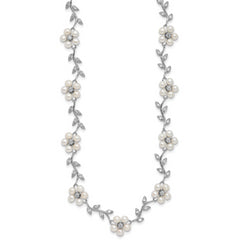 Sterling Silver Rhodium-plated CZ Vine Pattern and Fresheater Cultured Pearl Floral 16 inch Necklace