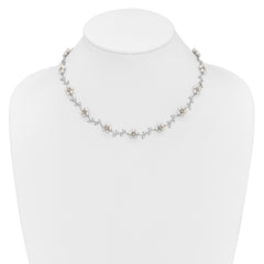 Sterling Silver Rhodium-plated CZ Vine Pattern and Fresheater Cultured Pearl Floral 16 inch Necklace