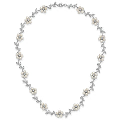 Sterling Silver Rhodium-plated CZ Vine Pattern and Fresheater Cultured Pearl Floral 16 inch Necklace