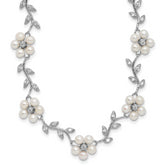 Sterling Silver Rhodium-plated CZ Vine Pattern and Fresheater Cultured Pearl Floral 16 inch Necklace