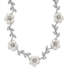 Sterling Silver Rhodium-plated CZ Vine Pattern and Fresheater Cultured Pearl Floral 16 inch Necklace