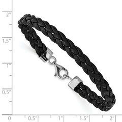 Sterling Silver Rhodium-plated Black Braided Leather Bracelet