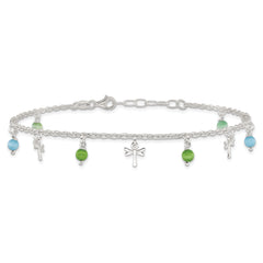 Sterling Silver Dragonfly with Aqua and Green Beads 10 inch Plus 1 inch Extender - Total 12 inch Anklet