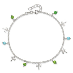 Sterling Silver Dragonfly with Aqua and Green Beads 10 inch Plus 1 inch Extender - Total 12 inch Anklet