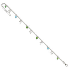 Sterling Silver Dragonfly with Aqua and Green Beads 10 inch Plus 1 inch Extender - Total 11 inch Anklet
