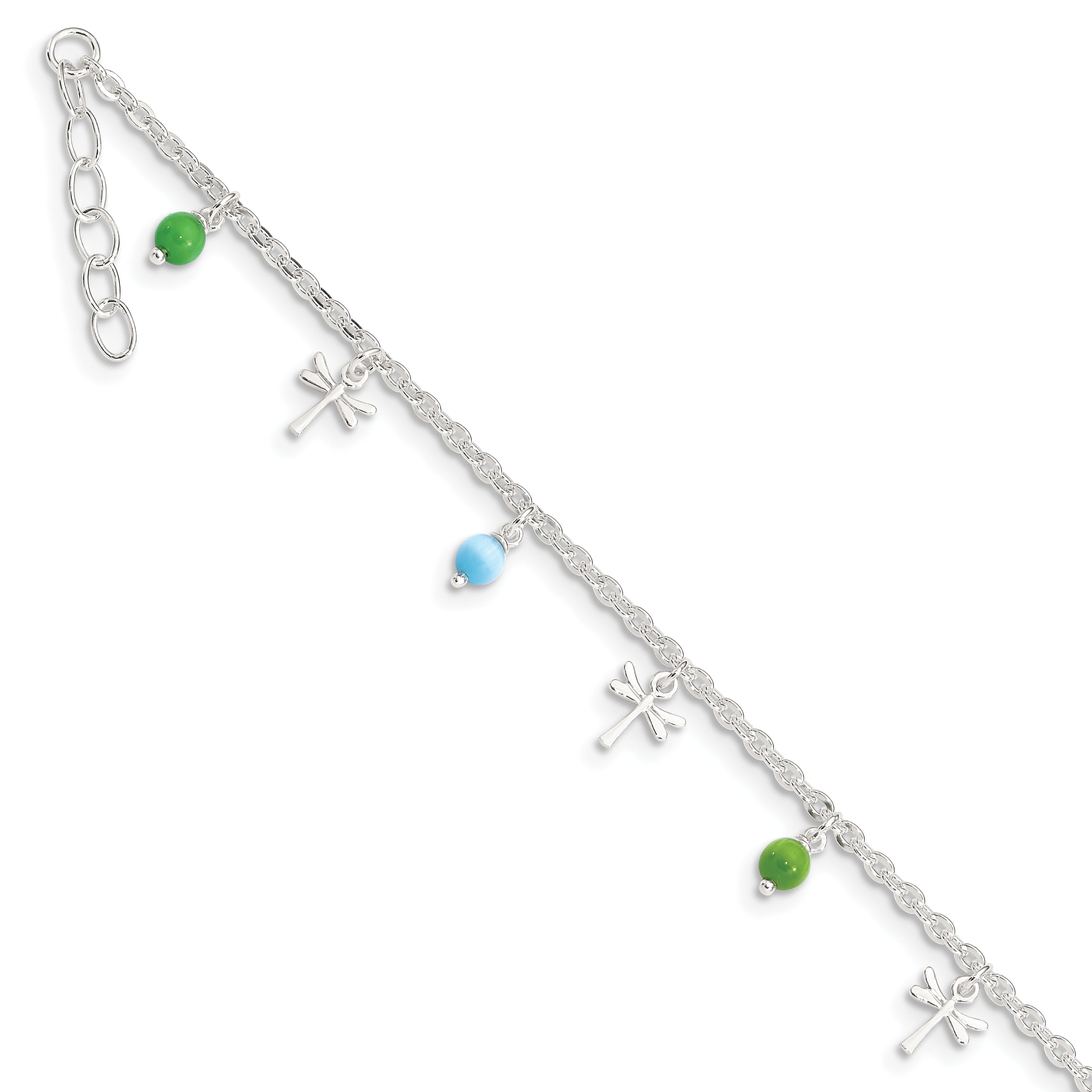 Sterling Silver Dragonfly with Aqua and Green Beads 10 inch Plus 1 inch Extender - Total 11 inch Anklet