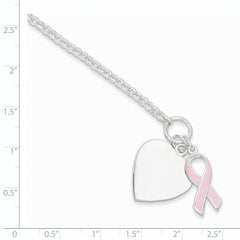 Sterling Silver Fancy Engraveable Heart with Pink Ribbon Bracelet