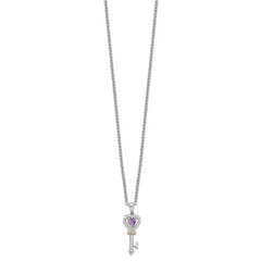 Brilliant Gemstones Sterling Silver with 14K Accent Rhodium-plated Amethyst and Diamond Key 18 Inch Necklace with 2 Inch Extender