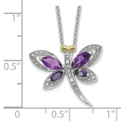 Brilliant Gemstones Sterling Silver with 14K Accent Rhodium-plated Amethyst/Iolite/Diamond Dragonfly18 Inch Necklace with 2 Inch Extender