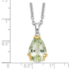 Brilliant Gemstones Sterling Silver with 14K Accent Rhodium-plated Green Quartz 18 Inch Necklace with 2 Inch Extender