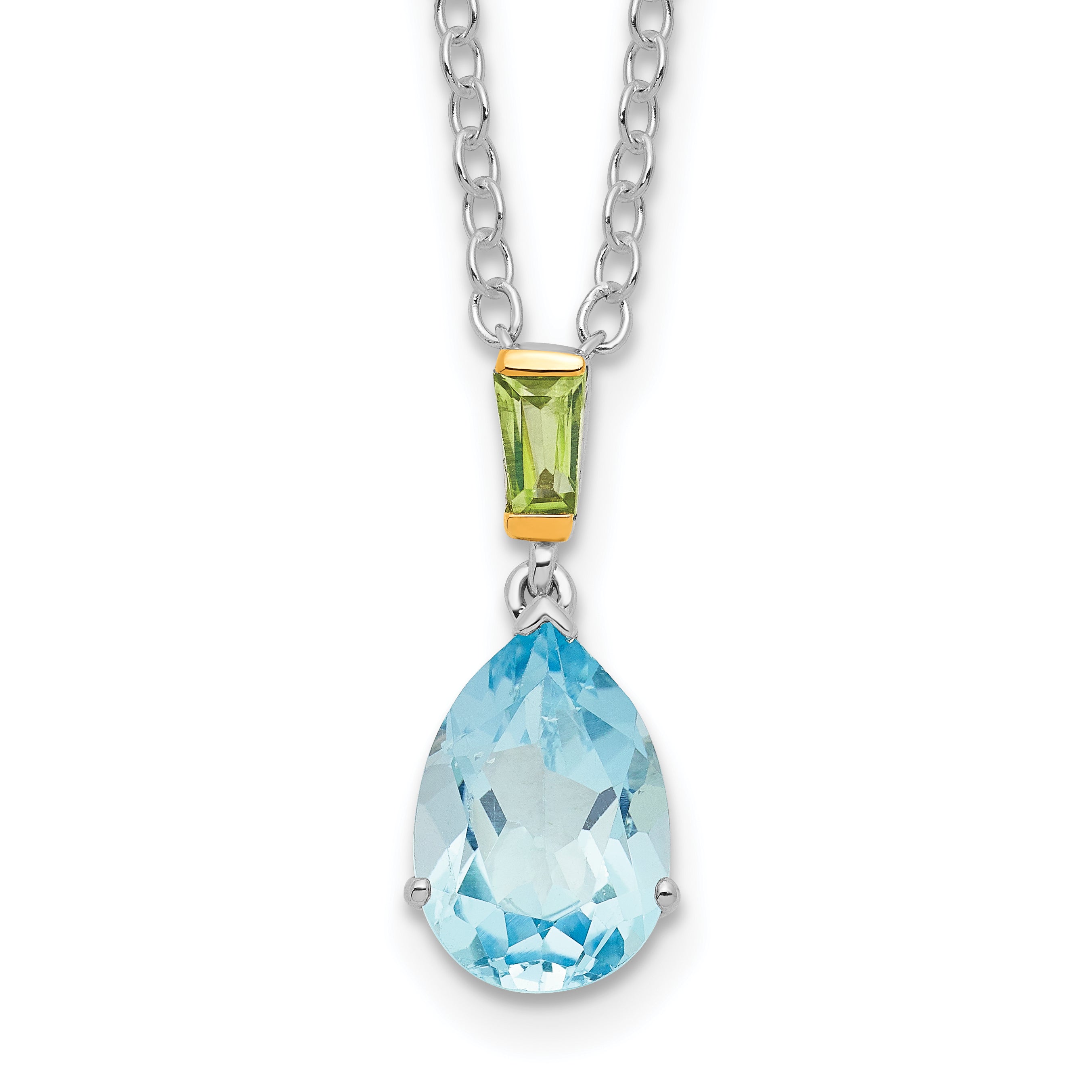 Brilliant Gemstones Sterling Silver with14K Accent Rhodium-plated Sky Blue Topaz and Peridot 18 Inch Necklace with 2 Inch Extender