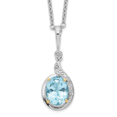 Brilliant Gemstones Sterling Silver with 14K Accent Rhodium-plated Sky Blue Topaz and Diamond 18 Inch Necklace with 2 Inch Extender