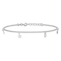 Sterling Silver Moon and Stars 9 inch Plus 1 inch Extender - Total 10 inch Anklet