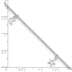 Sterling Silver Moon and Stars 9 inch Plus 1 inch Extender - Total 10 inch Anklet