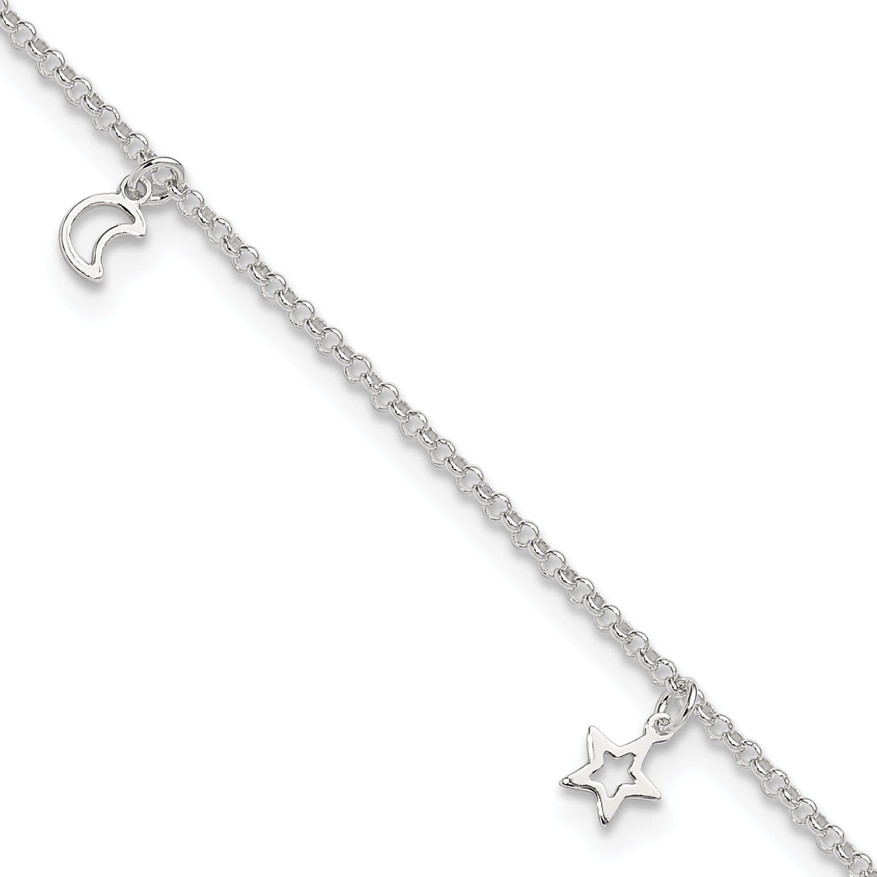 Sterling Silver Moon and Stars 9 inch Plus 1 inch Extender - Total 10 inch Anklet