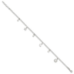 Sterling Silver Sun/Moon/Star/Crystal 10 inch Plus 1 inch Extender - Total 11 inch Anklet