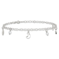 Sterling Silver Sun/Moon/Star/Crystal 10 inch Plus 1 inch Extender - Total 11 inch Anklet