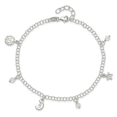 Sterling Silver Sun/Moon/Star/Crystal 10 inch Plus 1 inch Extender - Total 11 inch Anklet