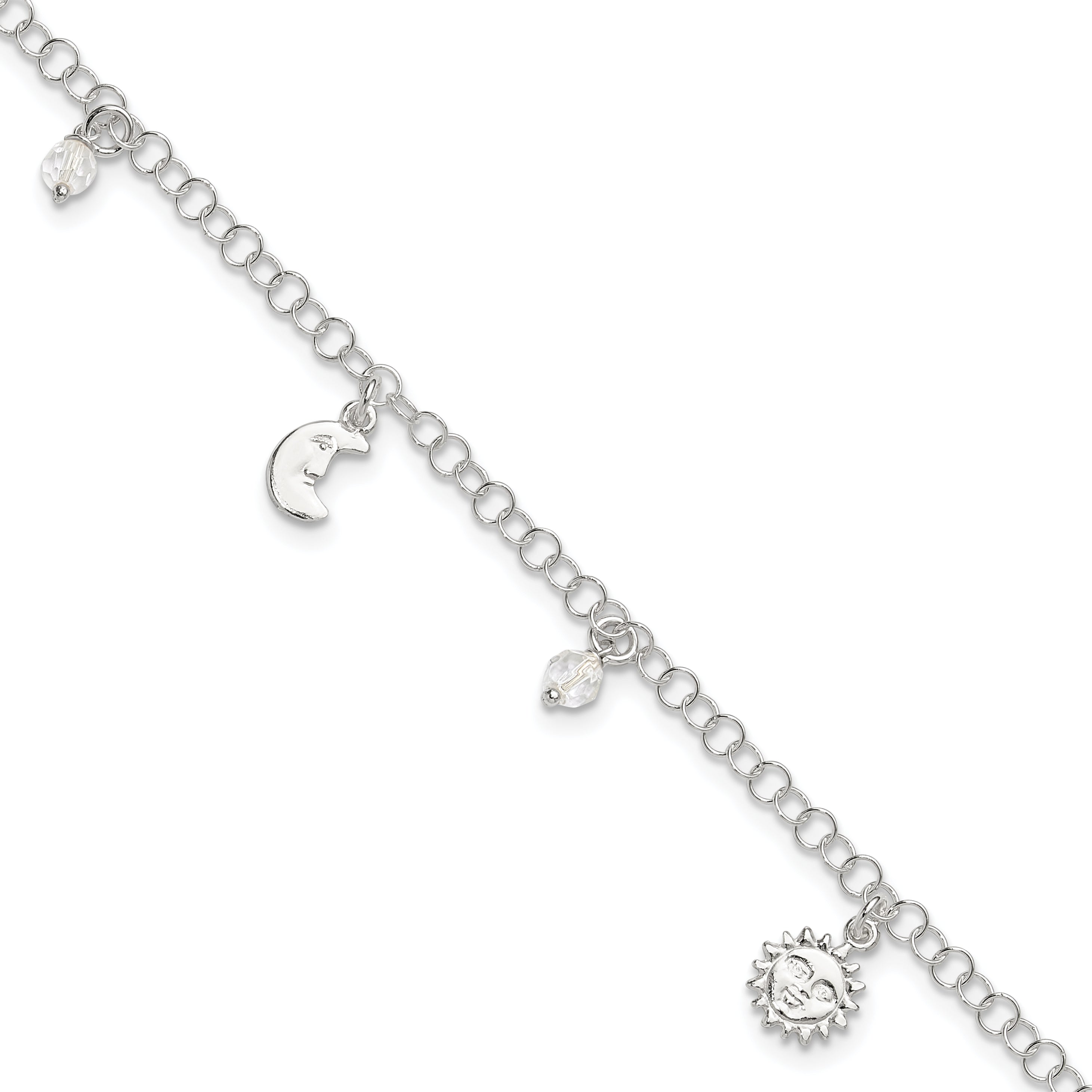 Sterling Silver Sun/Moon/Star/Crystal 9 inch Plus 1 inch Extender - Total 10 inch Anklet