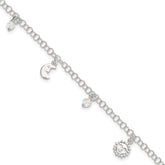 Sterling Silver Sun/Moon/Star/Crystal 9 inch Plus 1 inch Extender - Total 10 inch Anklet