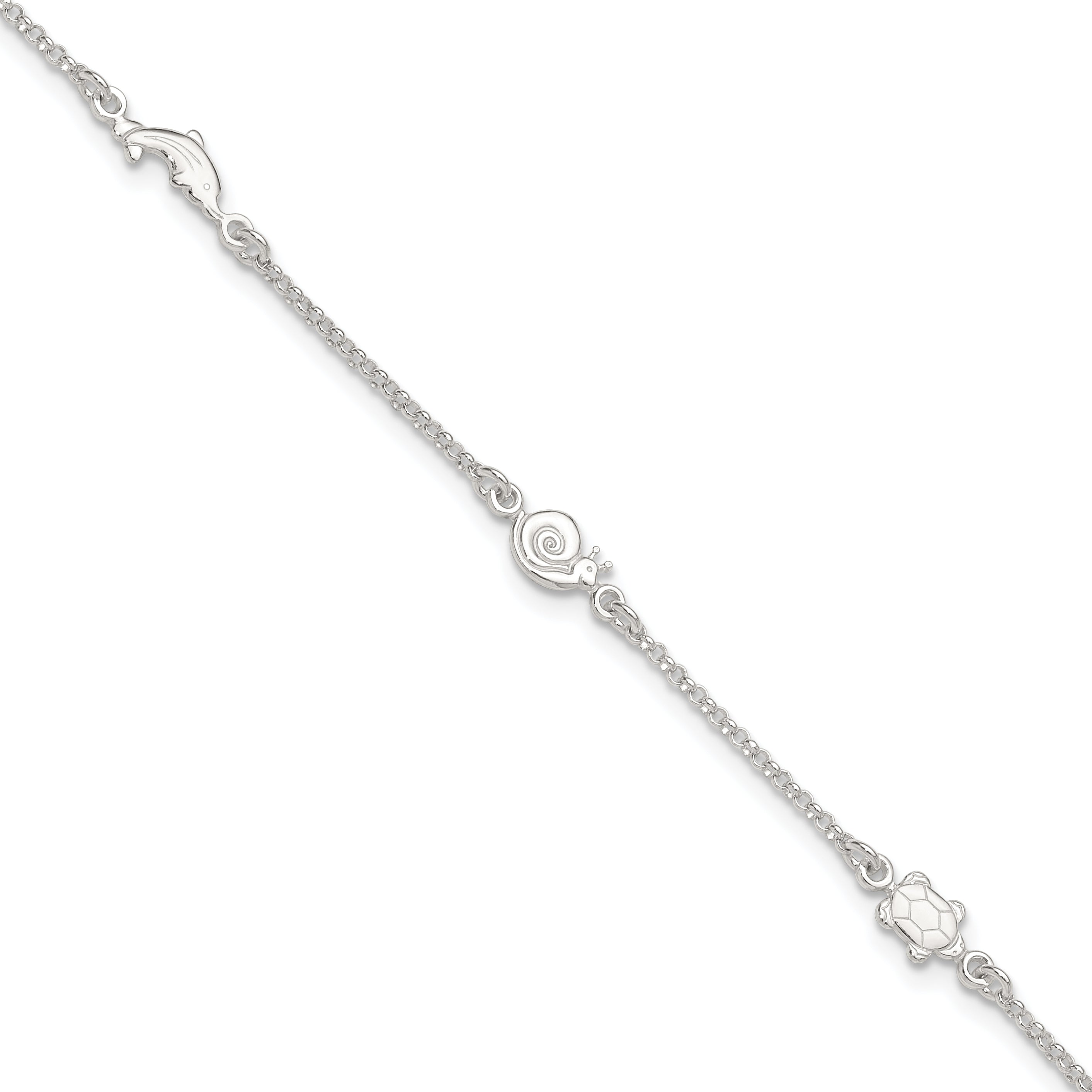 Sterling Silver Turtle/Dolphin/Snail 9 inch Plus 1 inch Extender - Total 10 inch Anklet