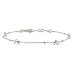 Sterling Silver Dolphins and Beads 4-Station 10 inch Plus 1 inch Extender - Total 11 inch Anklet