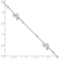 Sterling Silver Dolphins and Beads 4-Station 9 inch Plus 1 inch Extender - Total 10 inch Anklet