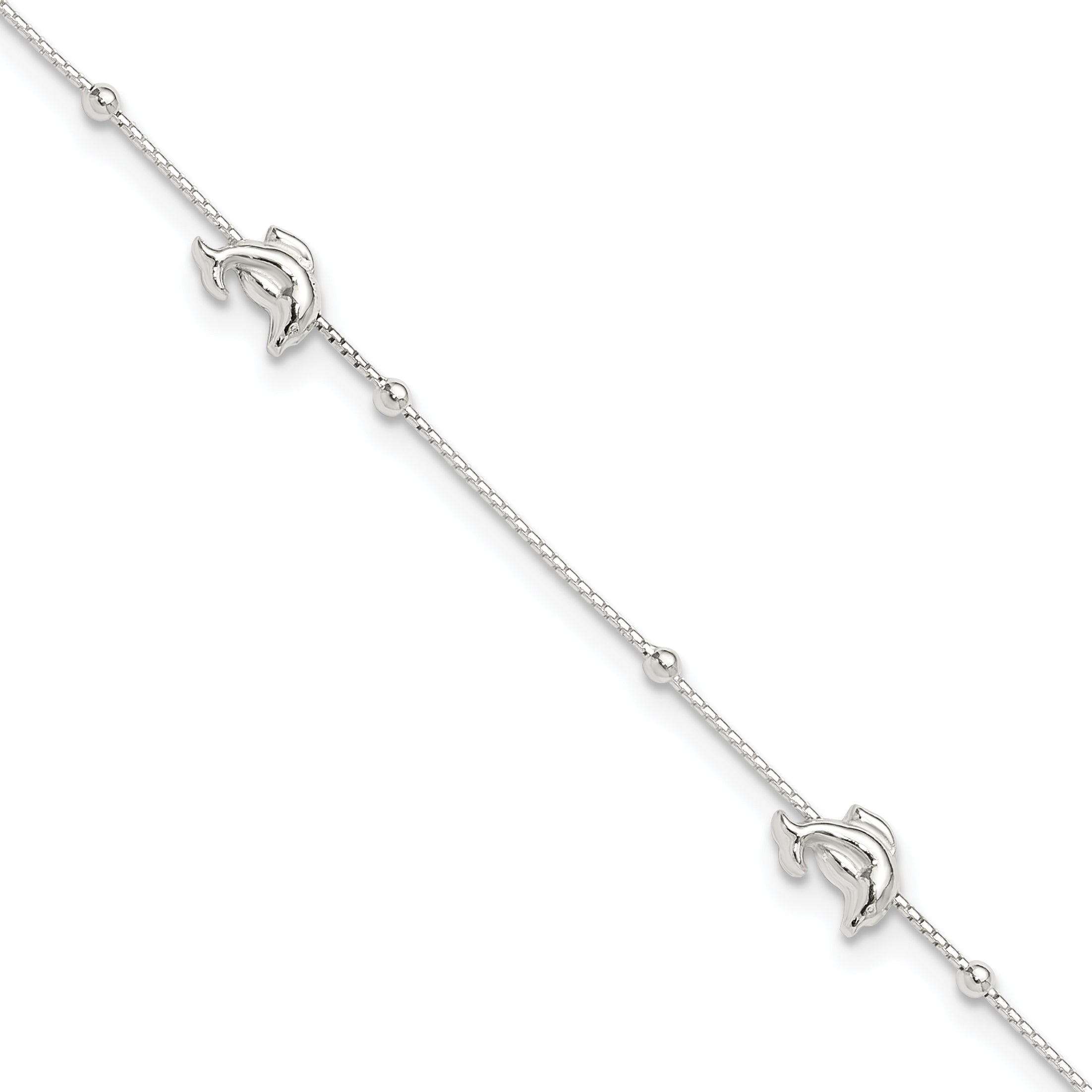 Sterling Silver Dolphins and Beads 4-Station 9 inch Plus 1 inch Extender - Total 10 inch Anklet