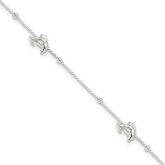 Sterling Silver Dolphins and Beads 4-Station 9 inch Plus 1 inch Extender - Total 10 inch Anklet