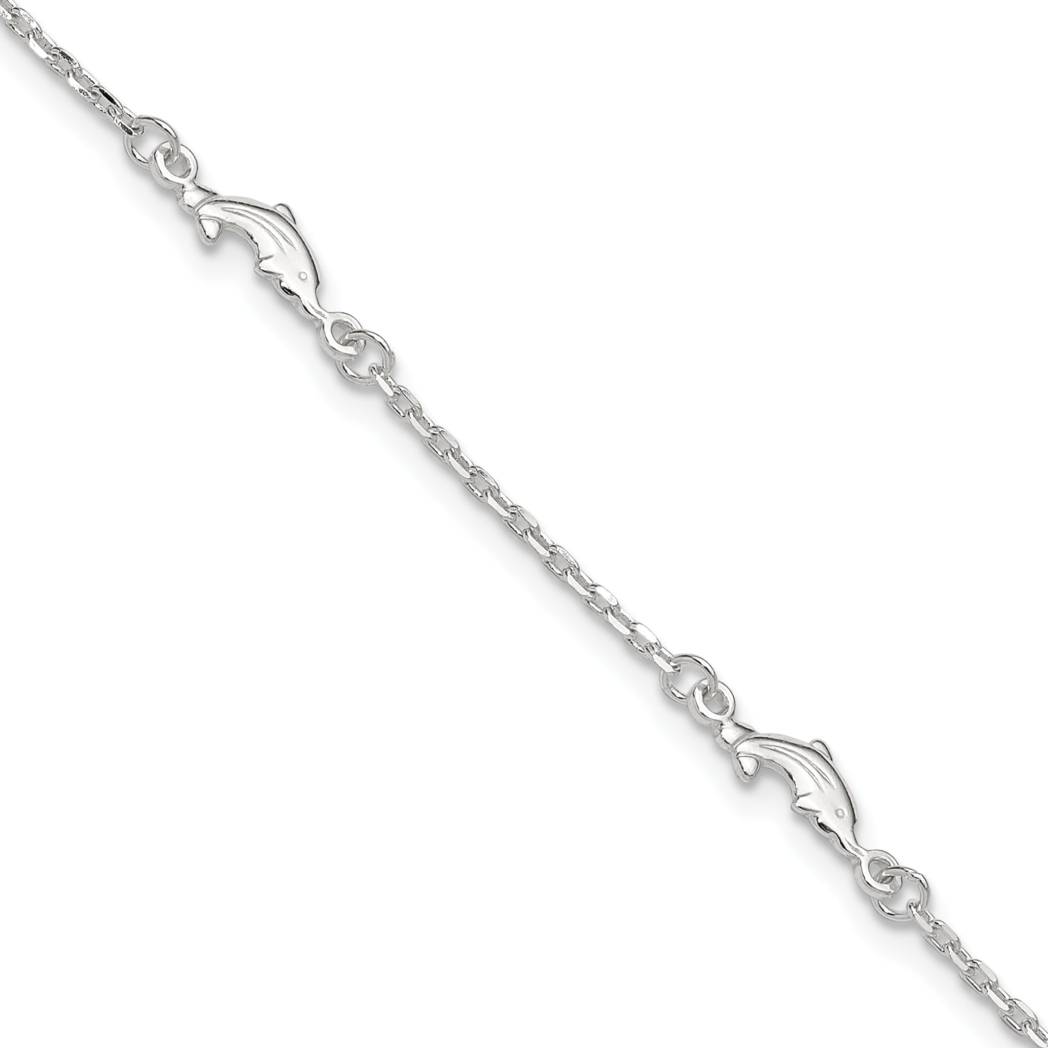Sterling Silver Dolphin 5-Station 9 inch Plus 1 inch Extender - Total 10 inch Anklet