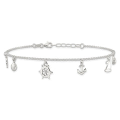 Sterling Silver Ocean Theme Charms 9 inch Plus 1 inch Extender - Total 10 inch Anklet