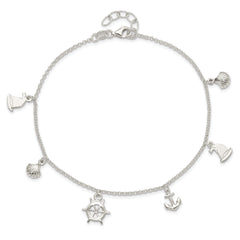 Sterling Silver Ocean Theme Charms 10 inch Plus 1 inch Extender - Total 11 inch Anklet