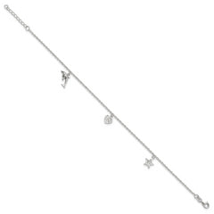 Sterling Silver Heart/Star/Dolphin Charms 10 inch Plus 1 inch Extender - Total 11 inch Anklet