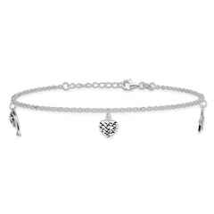Sterling Silver Heart/Star/Dolphin Charms 10 inch Plus 1 inch Extender - Total 11 inch Anklet