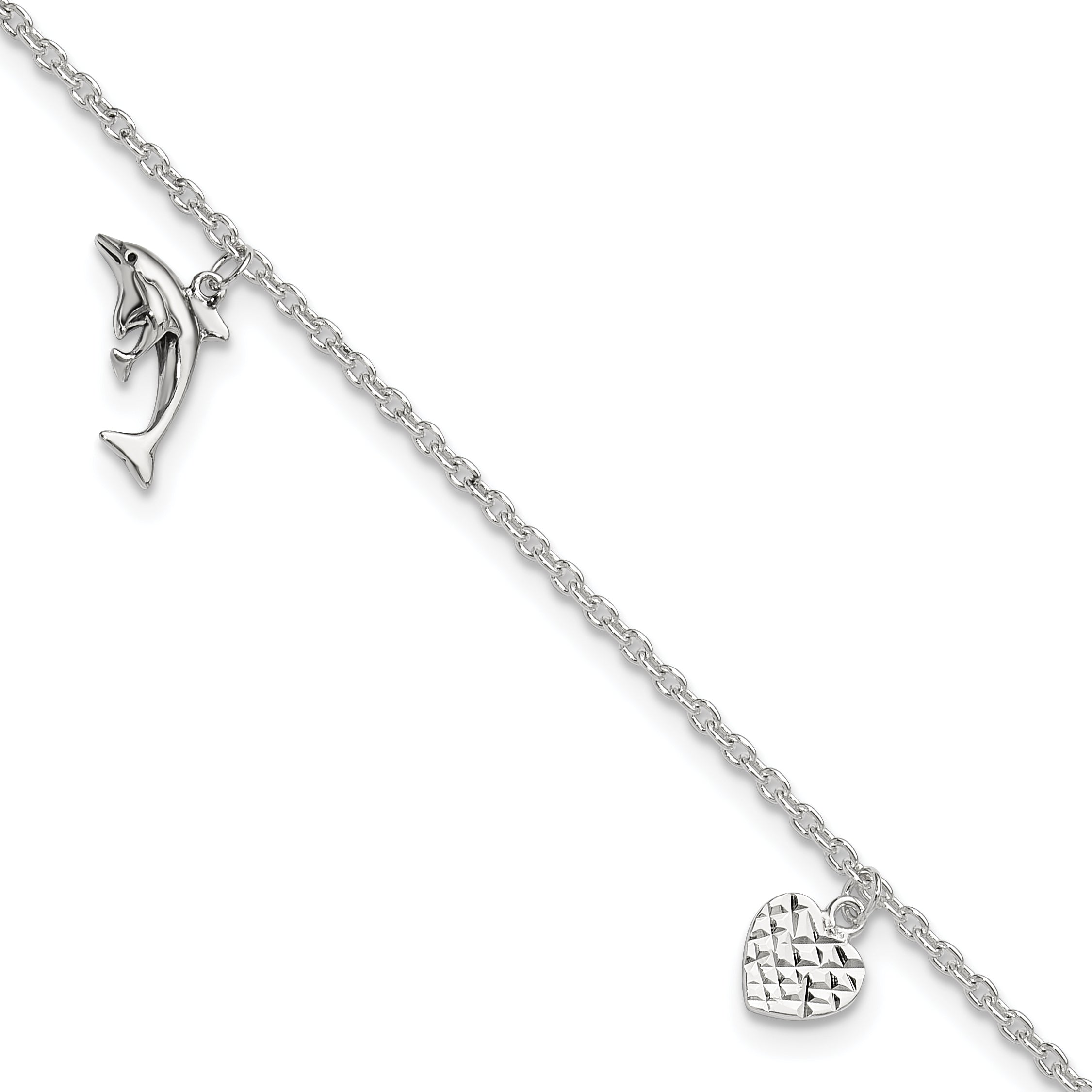 Sterling Silver Heart/Star/Dolphin Charms 9 inch Plus 1 inch Extender - Total 10 inch Anklet