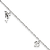 Sterling Silver Heart/Star/Dolphin Charms 9 inch Plus 1 inch Extender - Total 10 inch Anklet