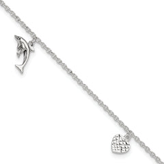 Sterling Silver Heart/Star/Dolphin Charms 9 inch Plus 1 inch Extender - Total 10 inch Anklet