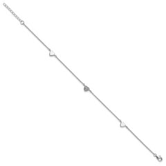 Sterling Silver Rhodium-plated CZ Heart 9 inch Plus 1 inch Extender - Total 10 inch Anklet