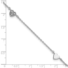 Sterling Silver Rhodium-plated CZ Heart 9 inch Plus 1 inch Extender - Total 10 inch Anklet