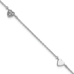 Sterling Silver Rhodium-plated CZ Heart 9 inch Plus 1 inch Extender - Total 10 inch Anklet