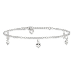 Sterling Silver Puffed Heart Charms 10 inch Plus 1 inch Extender - Total 11 inch Anklet