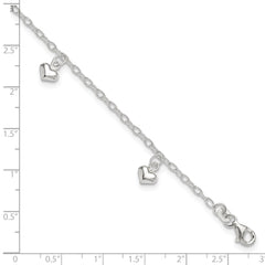 Sterling Silver Puffed Heart Charms 9 inch Plus 1 inch Extender - Total 10 inch Anklet
